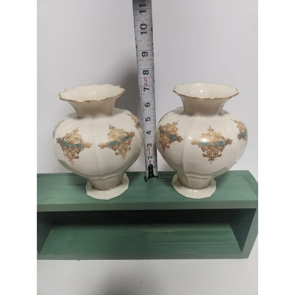 2 Lenox 7 1/2” Catalan Vases 24K Gold Trim, 6 panels w/Gold & Turquoise Design